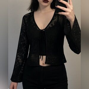 Vintage Y2K Black Lace Tie Front Top Sheer Long Sleeve Medium